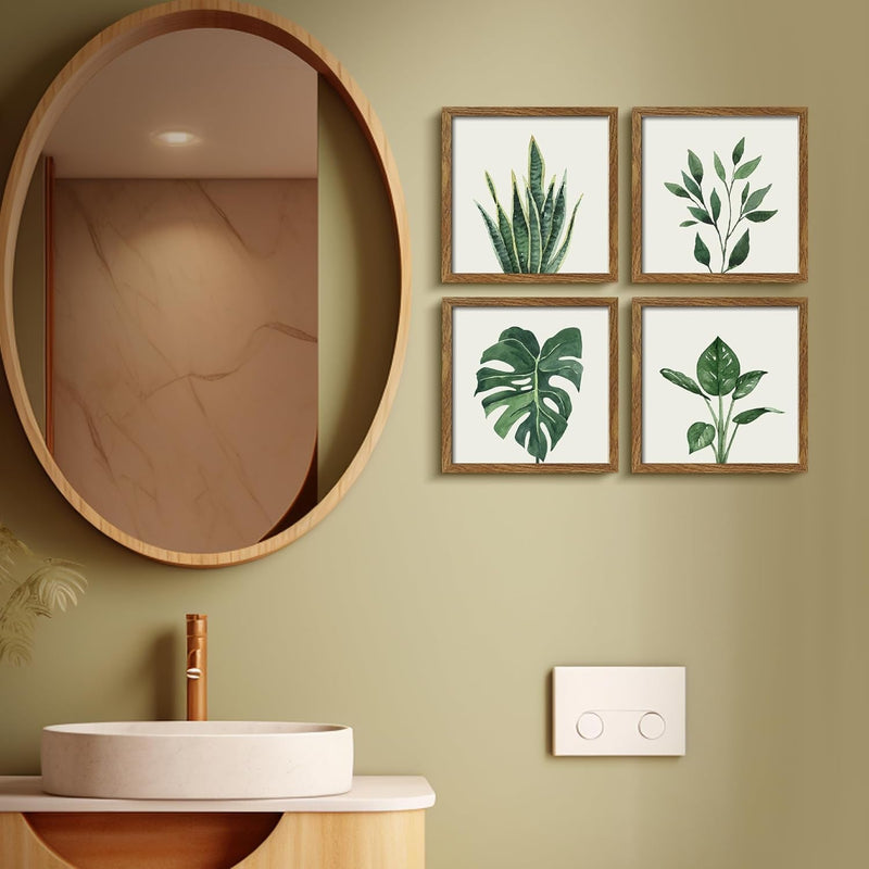 Framed Bathroom Wall Art Set of 4 for Botanical Wall Decor Green Plant